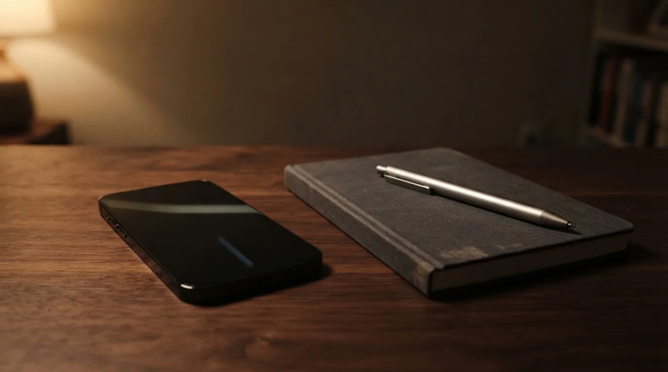 Ein Smartphone mit dunklem Display liegt neben einem Notizbuch und einem Kugelschreiber auf einem Tisch.