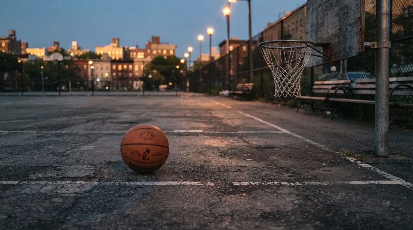 Ein Basketball rollt auf einem Freiluftplatz in der Abenddämmerung zu einem Korb, die Straßenlaternen leuchten bereits.