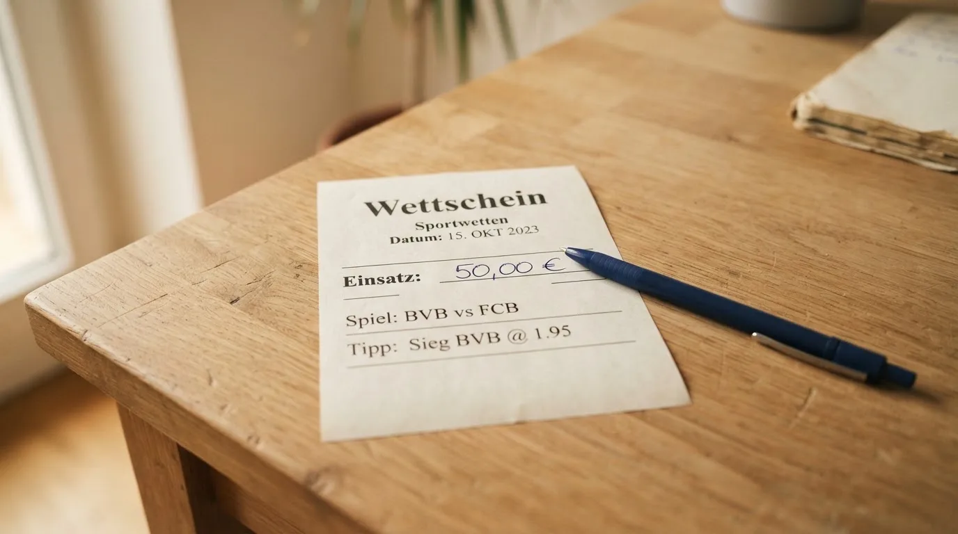 Ein leerer Wettschein aus Papier liegt neben einem Kugelschreiber auf einem Schreibtisch im Tageslicht.