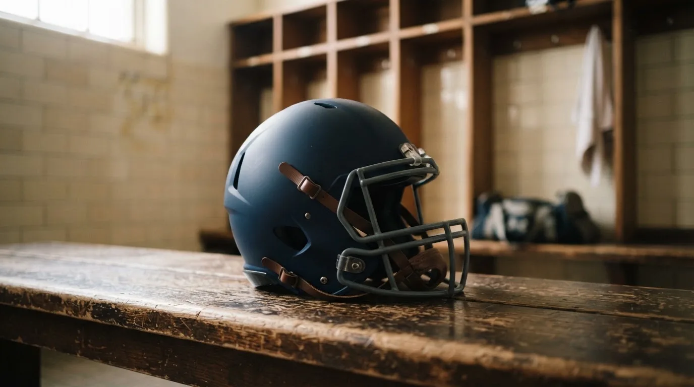 Ein neutraler Footballhelm ohne Aufdruck steht auf einer Holzbank in einer Umkleidekabine.