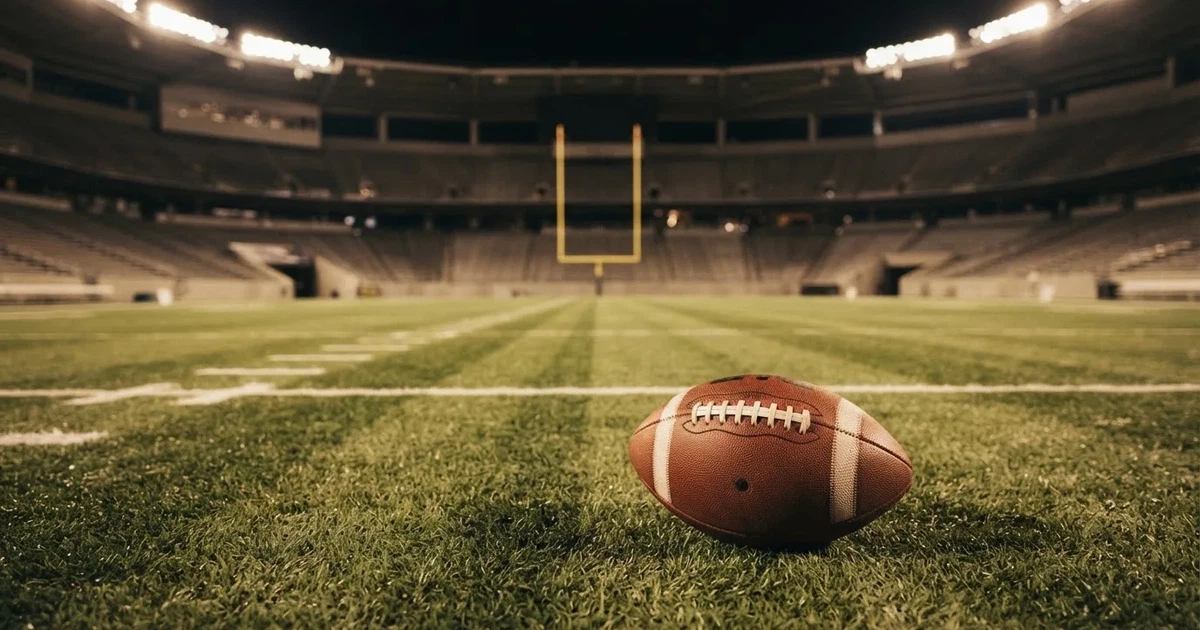 Ein American Football liegt auf dem Rasen eines leeren Stadions unter Flutlicht, die Torstangen ragen im Hintergrund auf.