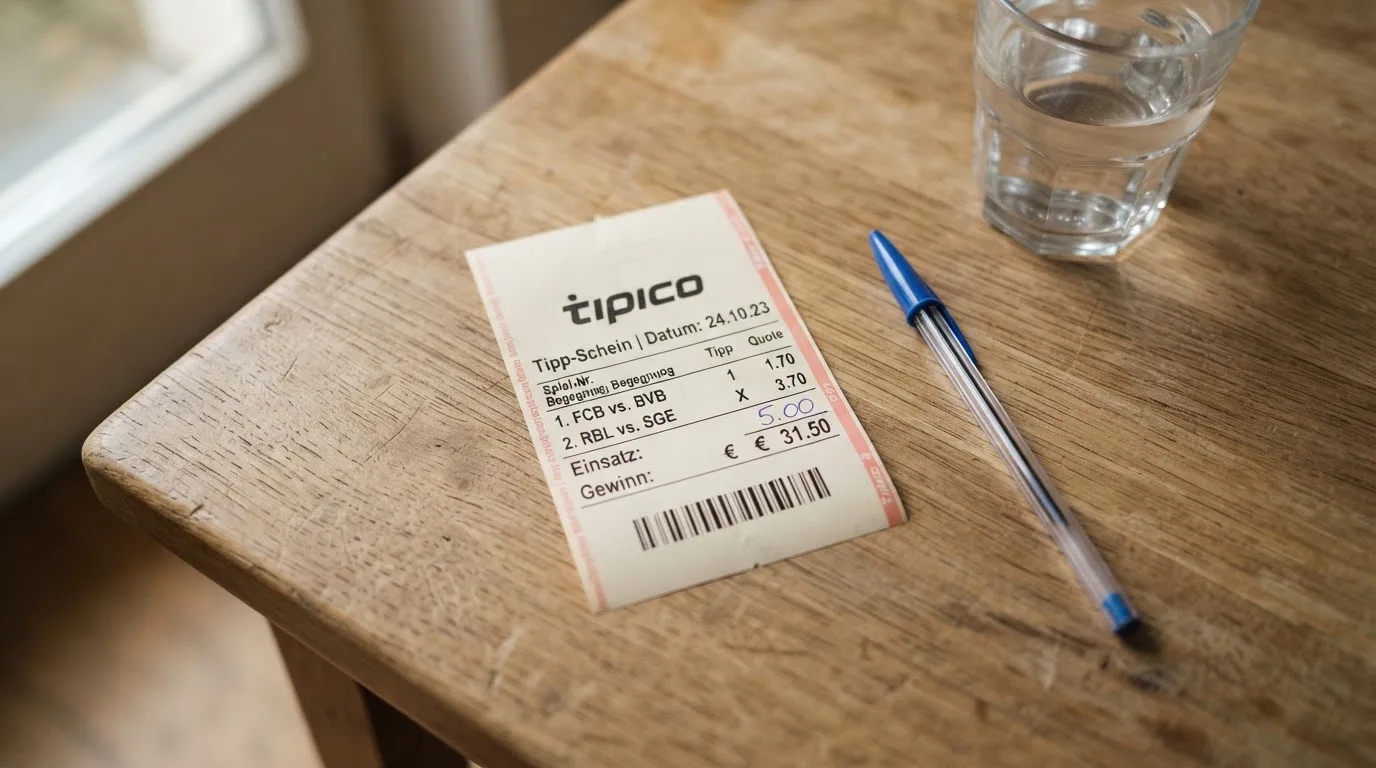 Ein leerer Wettschein aus Papier liegt neben einem Stift auf einem Tisch, daneben ein Glas Wasser.