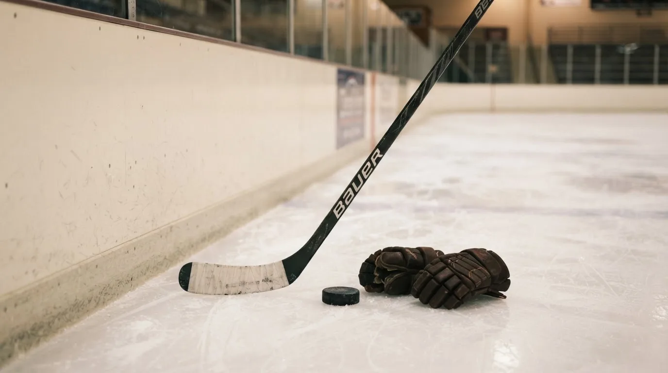 Ein Eishockeyschläger lehnt an einer Bande, daneben liegen ein Puck und ein Paar Handschuhe in einer Eishalle.