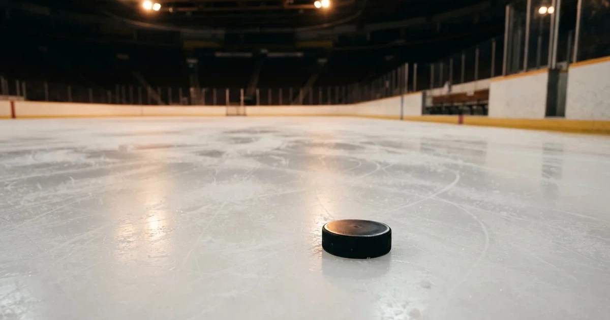 Eine leere Eisfläche in einer Halle mit Banden und Flutlicht, auf dem Eis liegt ein einzelner Puck.