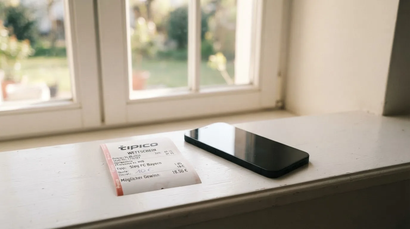 Ein leerer Wettschein aus Papier und ein Smartphone mit dunklem Display liegen auf einer Fensterbank im Tageslicht.
