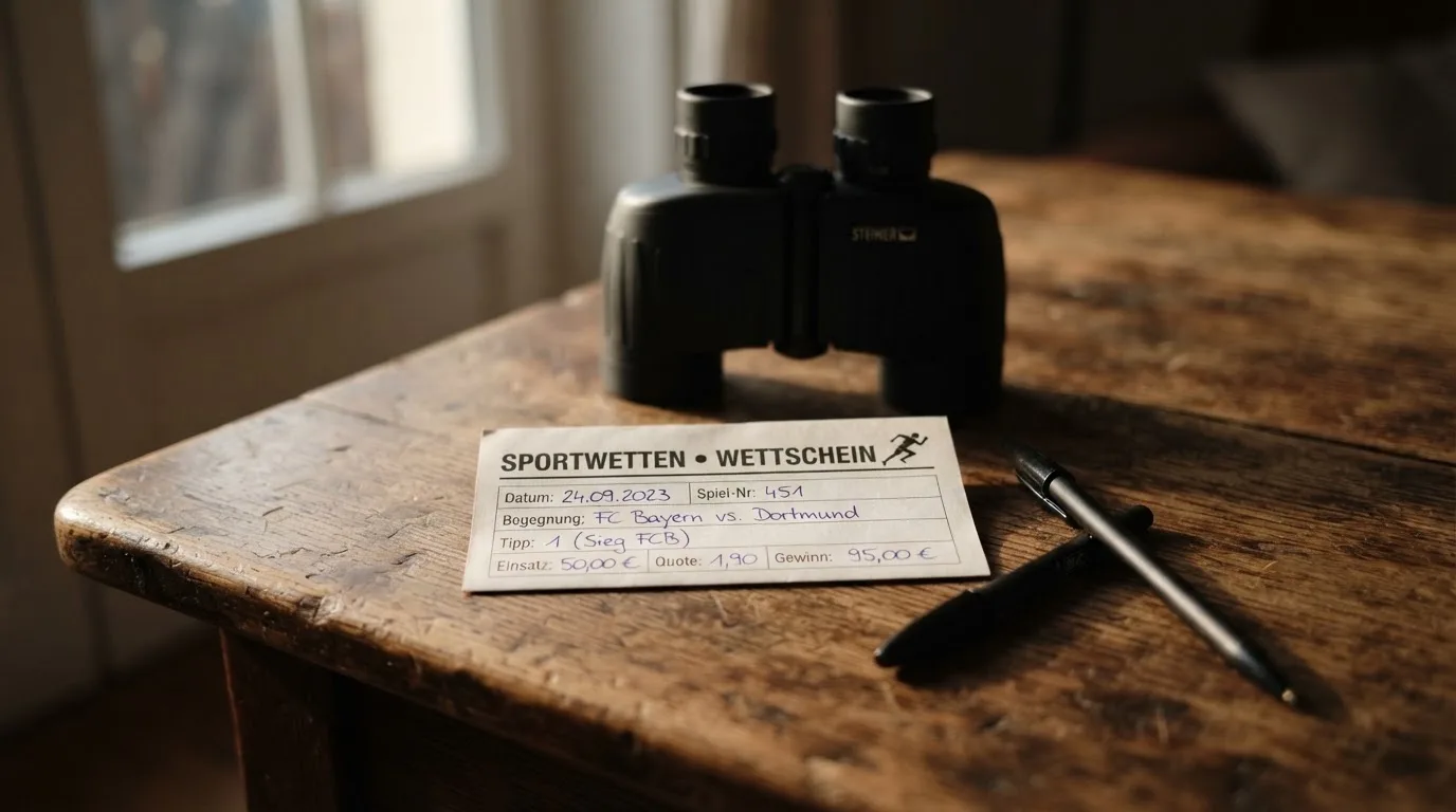 Ein leerer Wettschein aus Papier und ein Kugelschreiber liegen auf einem Holztisch neben einem Fernglas.