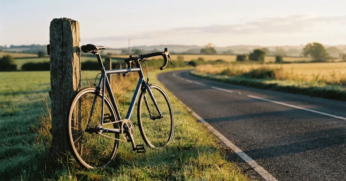 Eine Landstraße zwischen Feldern im Morgenlicht, am Straßenrand lehnt ein Rennrad ohne Aufschrift an einem Pfosten.