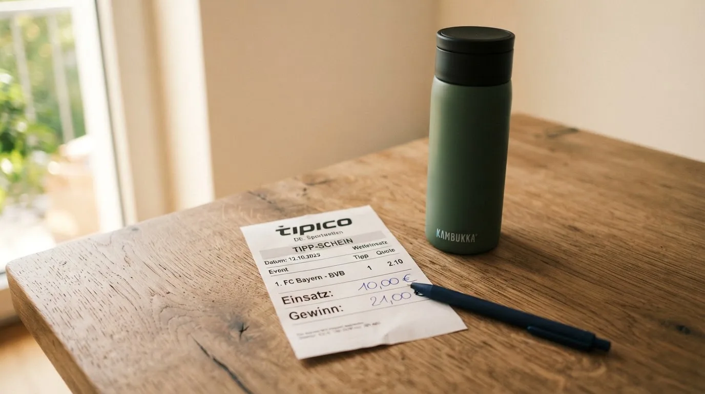 Ein leerer Wettschein aus Papier liegt neben einer Trinkflasche und einem Stift auf einem Tisch.