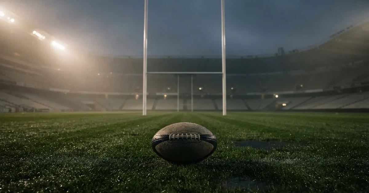 Ein ovaler Rugbyball liegt vor den hohen Torstangen auf nassem Rasen, über dem Stadion zieht Nebel auf.