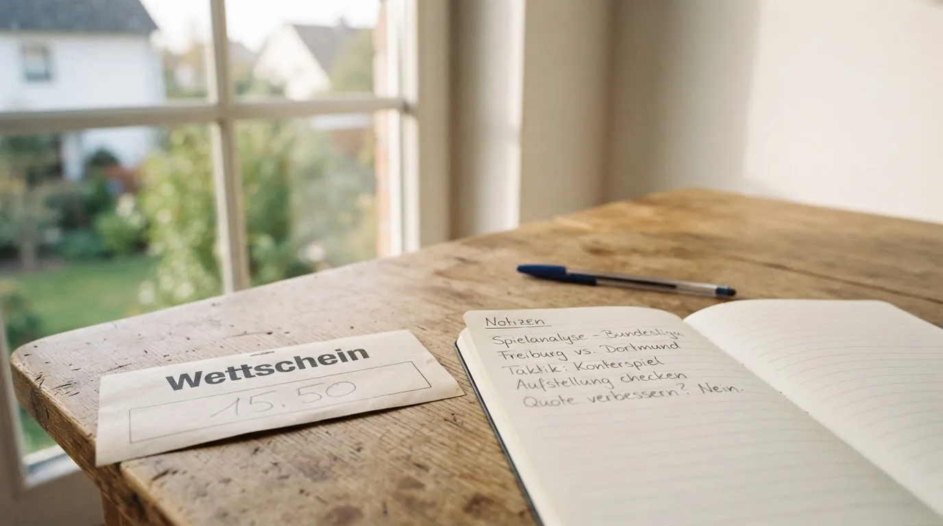 Ein leerer Wettschein aus Papier liegt neben einem Notizbuch und einem Stift auf einem Schreibtisch am Fenster.