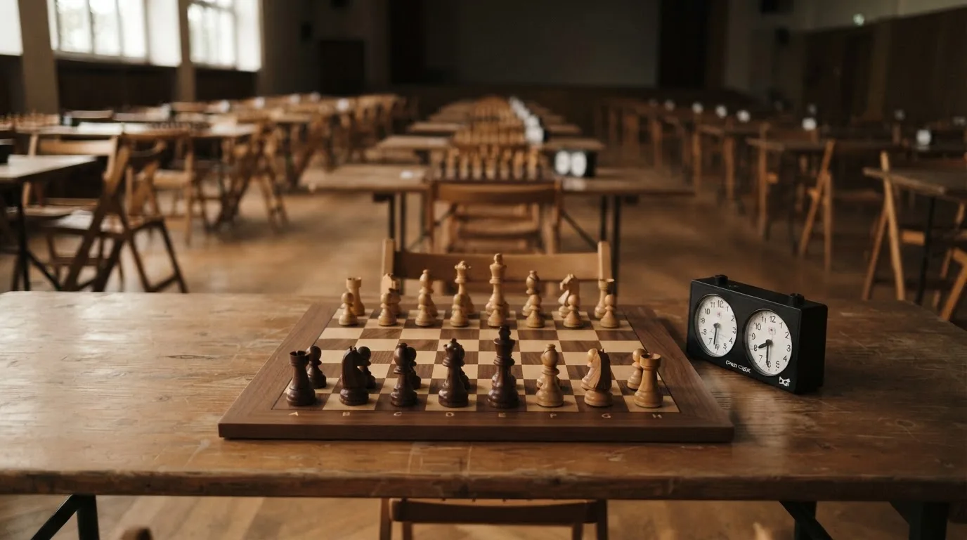 Ein Schachbrett und eine Schachuhr stehen auf einem Tisch in einem leeren Turniersaal, die Stühle sind ordentlich zurückgeschoben.