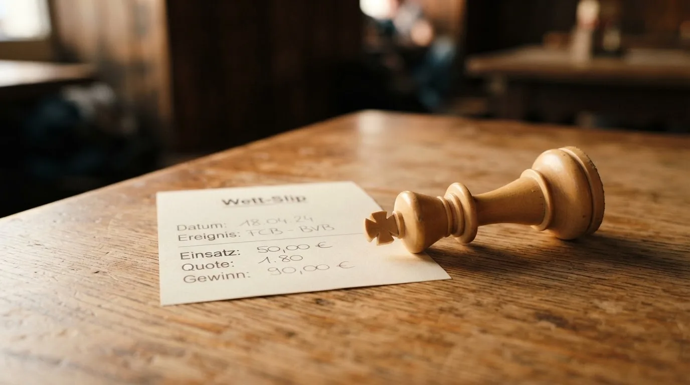 Ein leerer Wettschein aus Papier liegt neben einem umgekippten weißen Schachkönig auf einem Holztisch.