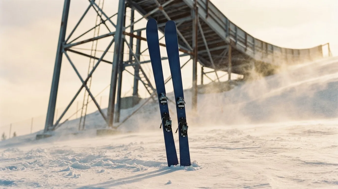 Ein Paar Skier steckt aufrecht im Schnee neben einem Anlaufturm, im Hintergrund wirbelt feiner Schnee im Wind.
