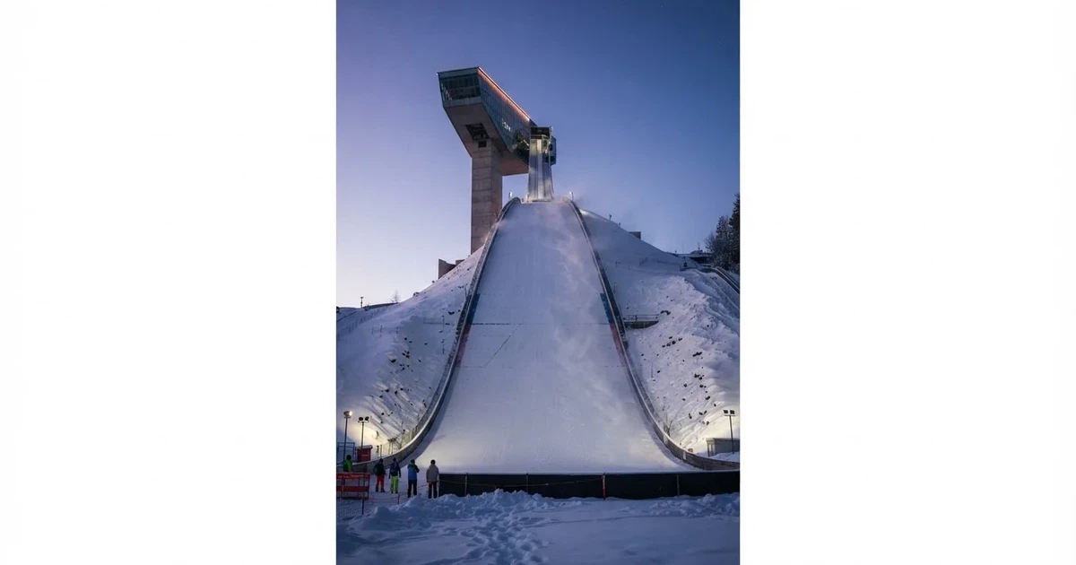 Eine Skisprungschanze im Schnee, von unten gesehen, vor einem klaren Winterhimmel in der Dämmerung, ohne Menschen.