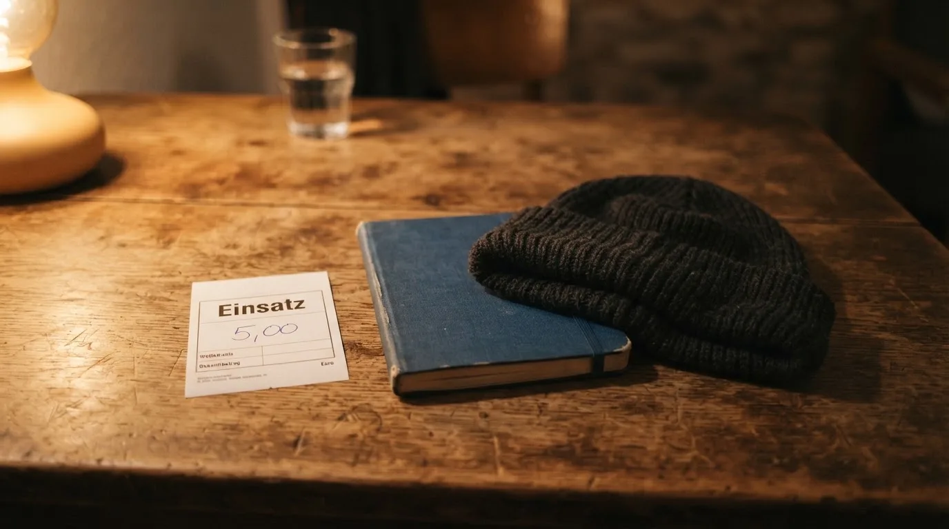 Ein leerer Wettschein aus Papier und ein Notizbuch liegen neben einer Wollmütze auf einem Holztisch.