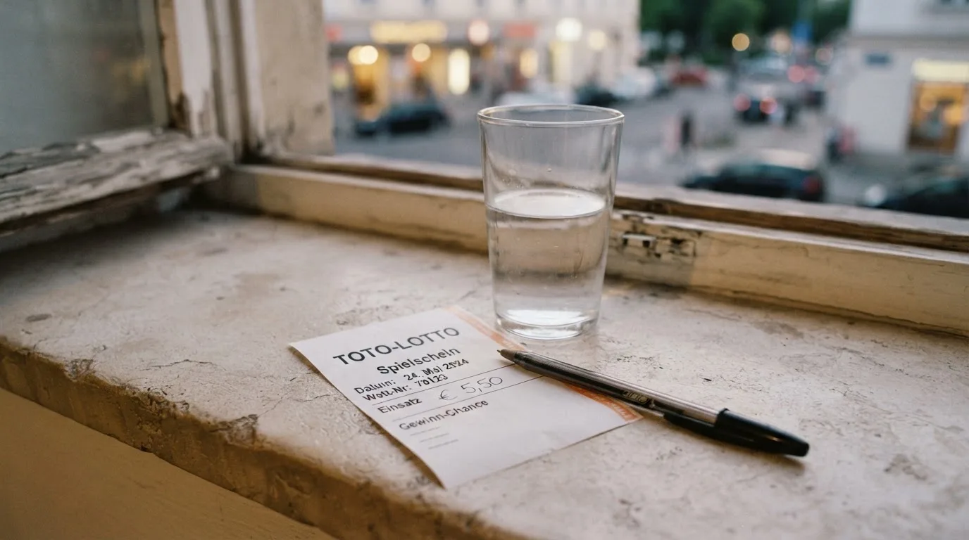 Ein leerer Wettschein aus Papier und ein Kugelschreiber liegen neben einem Glas Wasser auf einer Fensterbank.