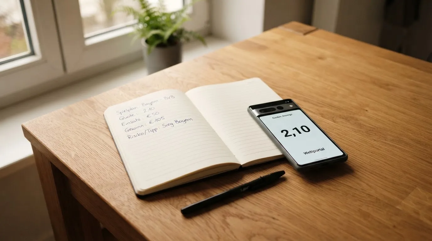 Ein aufgeschlagenes Notizbuch mit handschriftlichen Rechnungen liegt neben Stift und Smartphone auf einem Holztisch im Tageslicht.