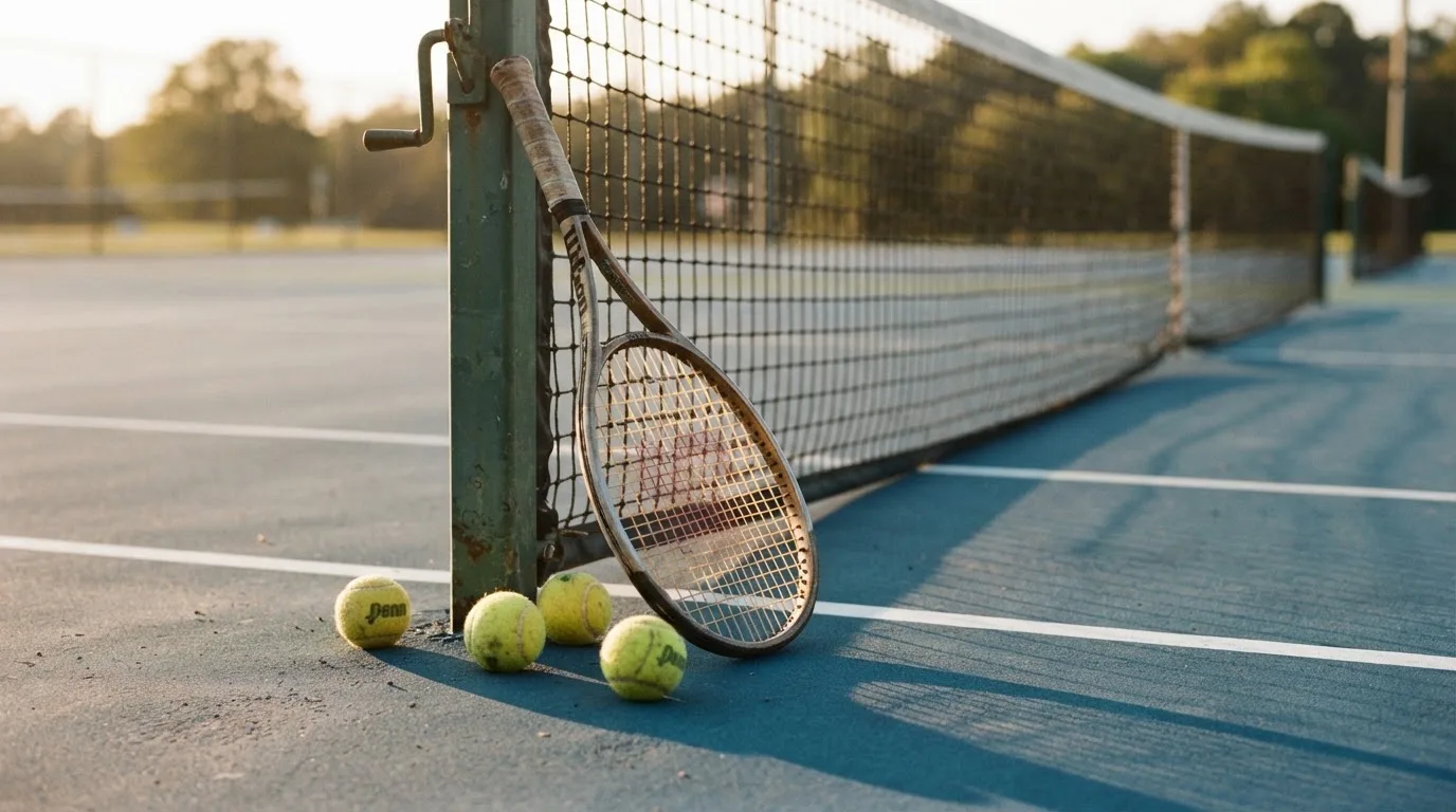 Ein Tennisschläger lehnt an einem Netzpfosten, daneben liegen drei Bälle auf einem Hartplatz in warmem Nachmittagslicht.