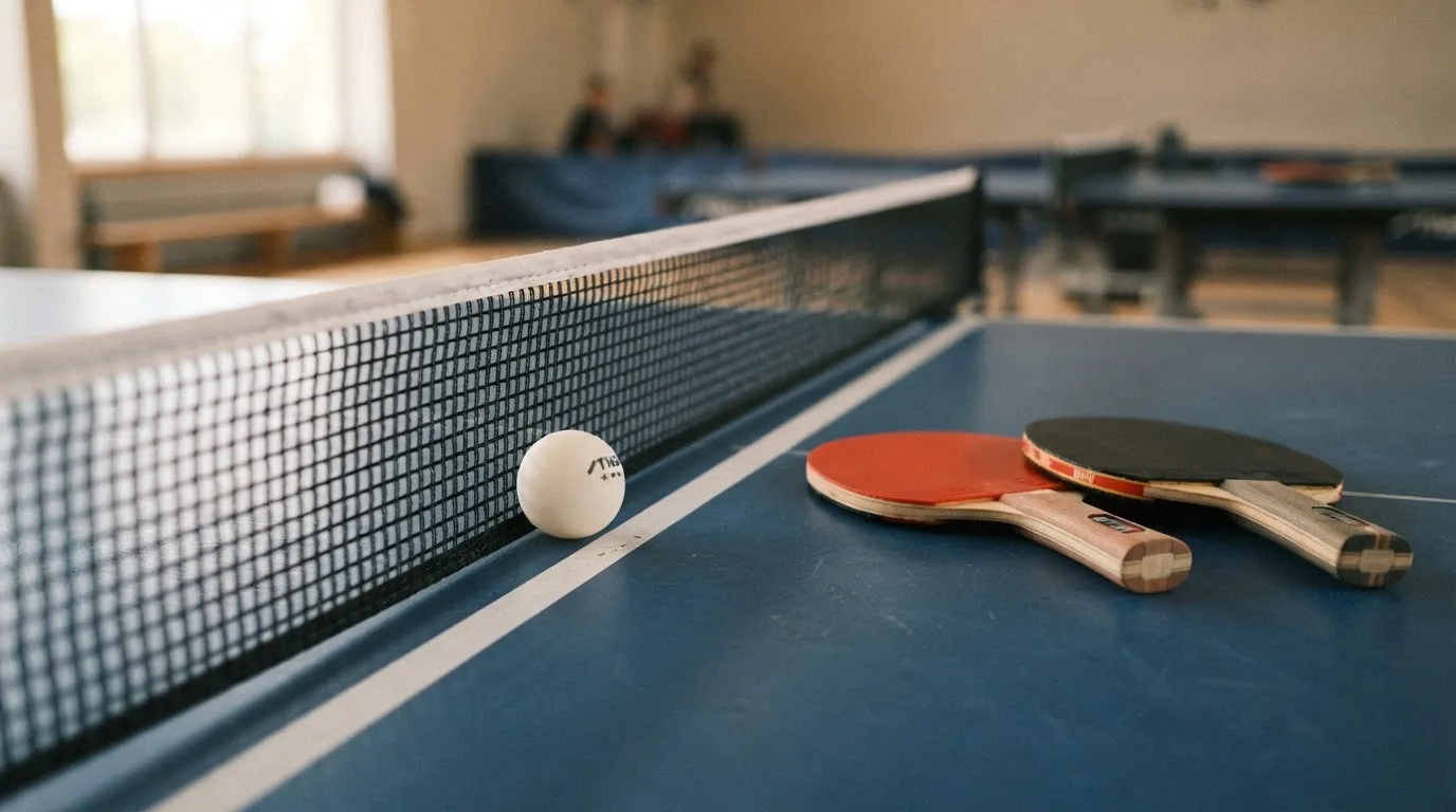 Ein weißer Ball liegt in Nahaufnahme auf der Netzkante einer Tischtennisplatte, daneben zwei Holzschläger mit rotem und schwarzem Belag.