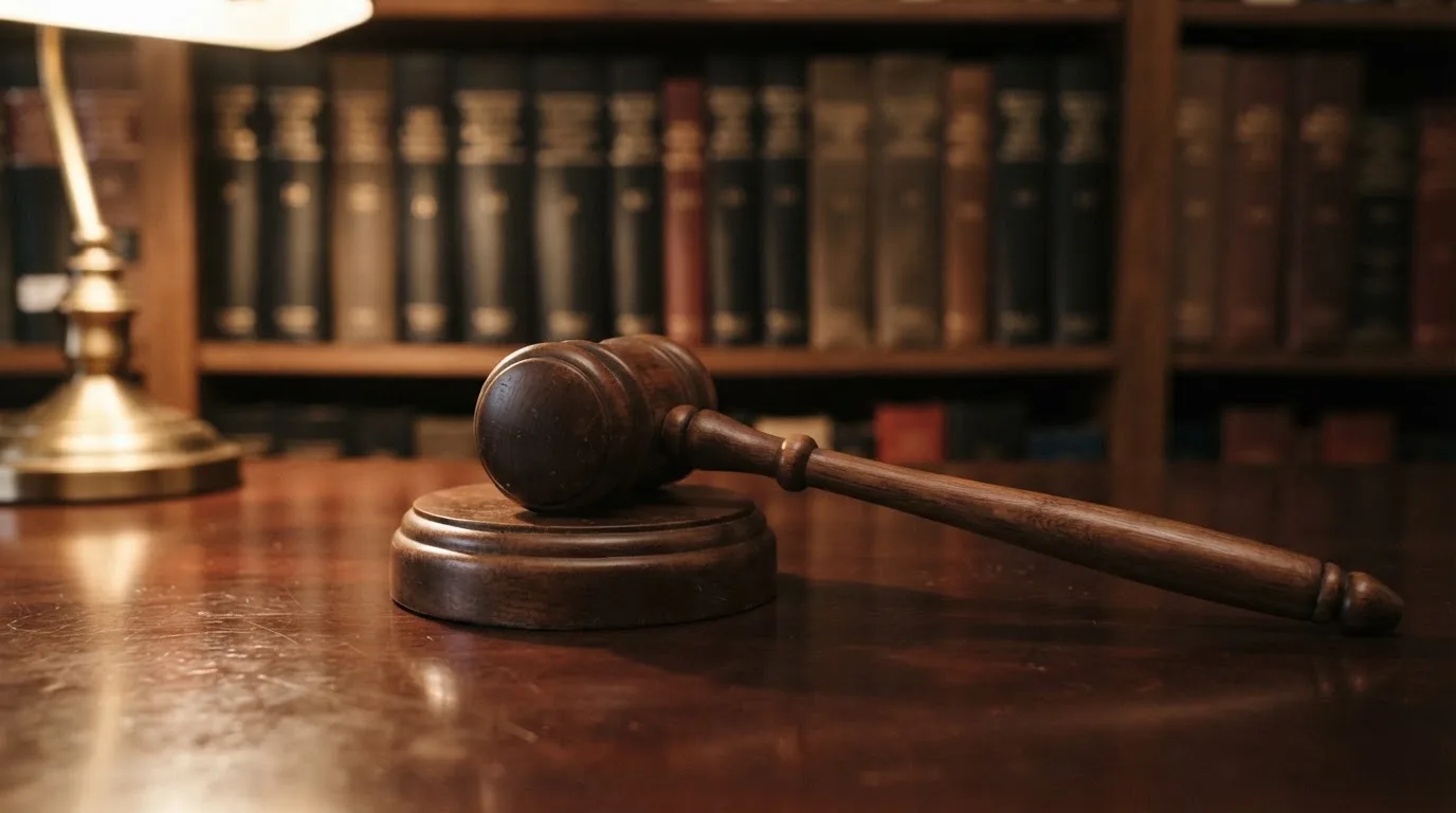 Ein Richterhammer aus Holz liegt auf einer polierten Tischplatte, dahinter eine unscharfe Bücherwand.