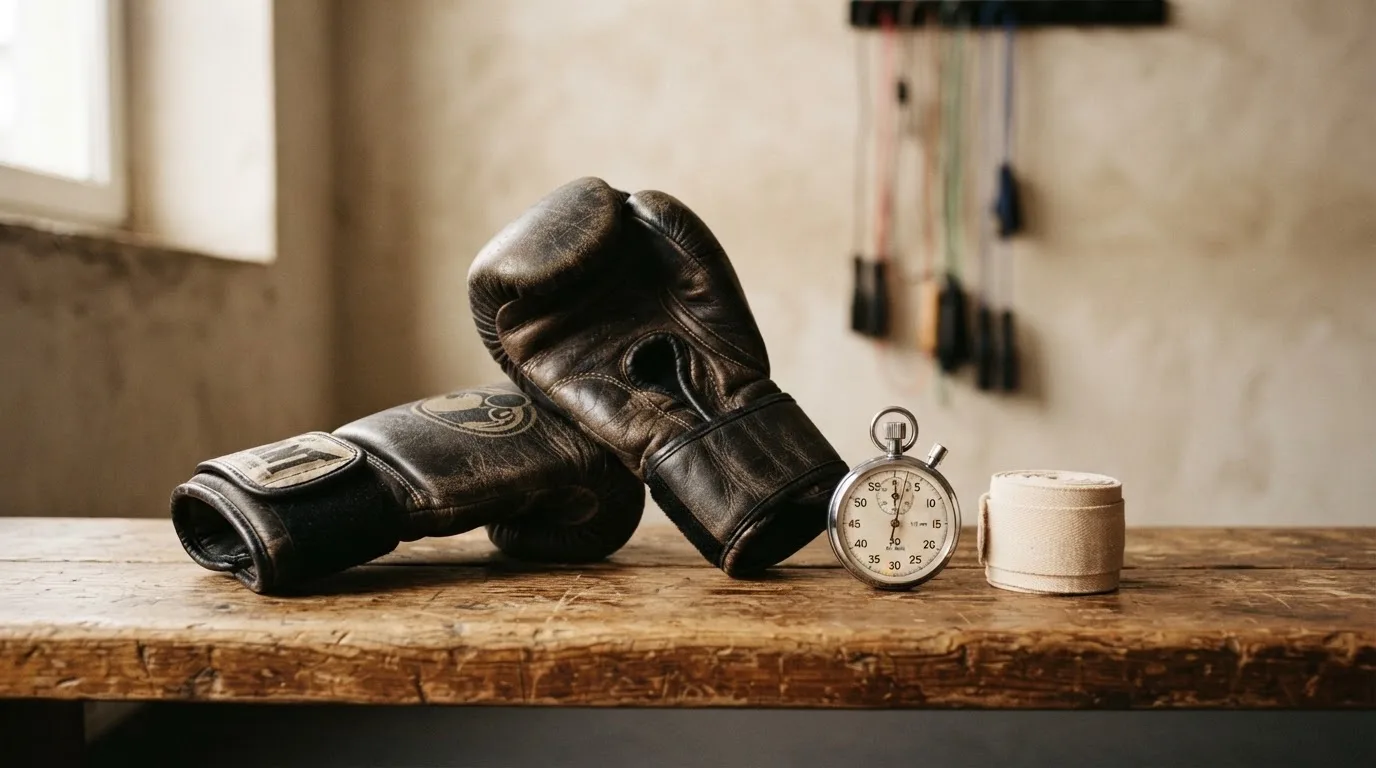 Ein Paar Kampfhandschuhe und eine Stoppuhr liegen auf einer Bank im Trainingsraum neben einer aufgerollten Handbandage.