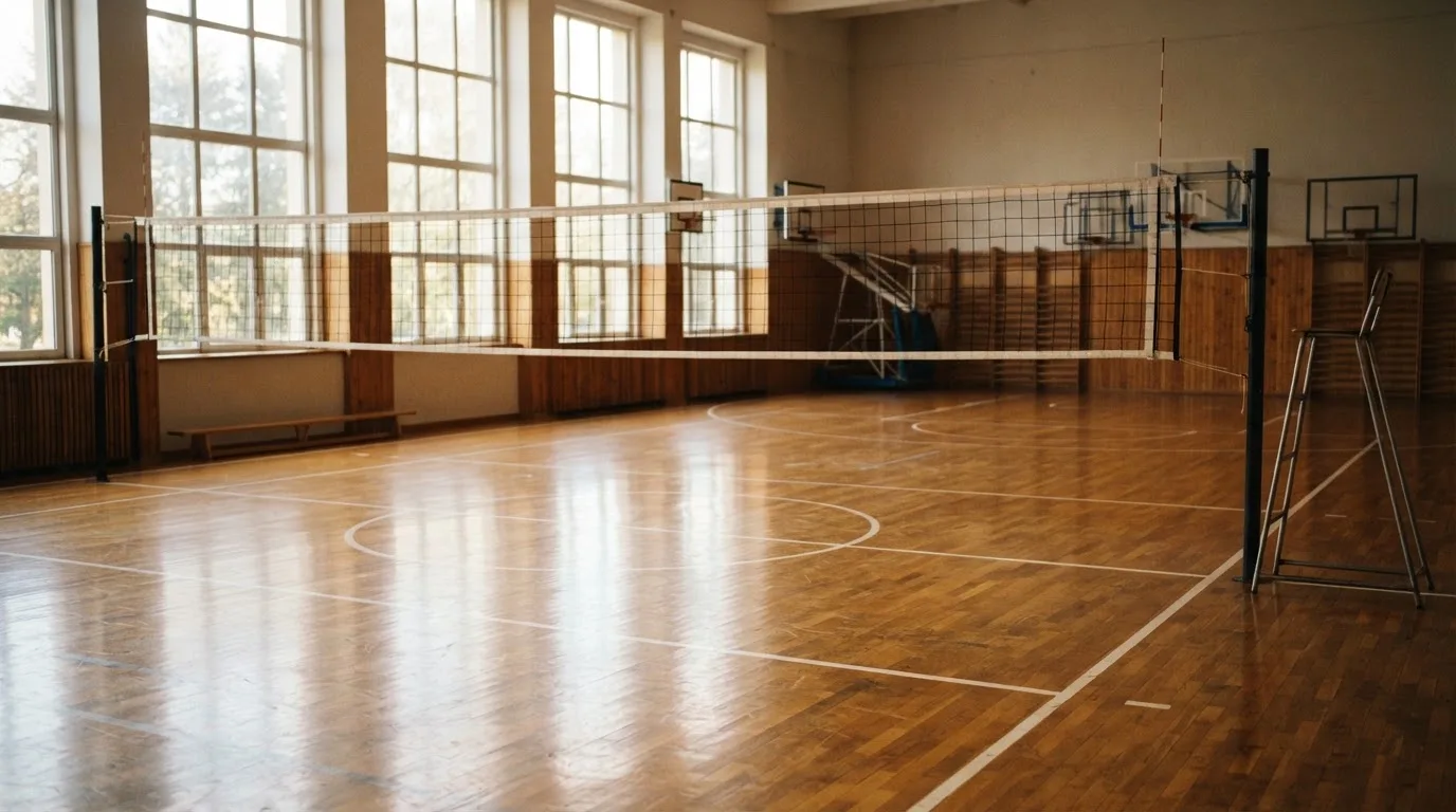 Eine leere Sporthalle mit gespanntem Volleyballnetz und glänzendem Parkett, durch hohe Fenster fällt Tageslicht.