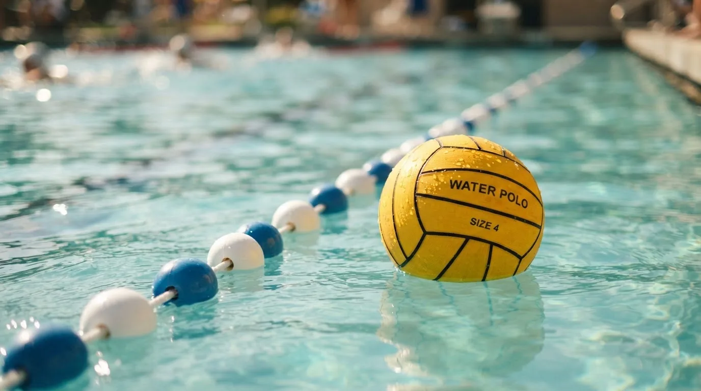 Ein gelber Wasserball treibt in Nahaufnahme auf der Wasseroberfläche neben einer Leine mit Bojen.