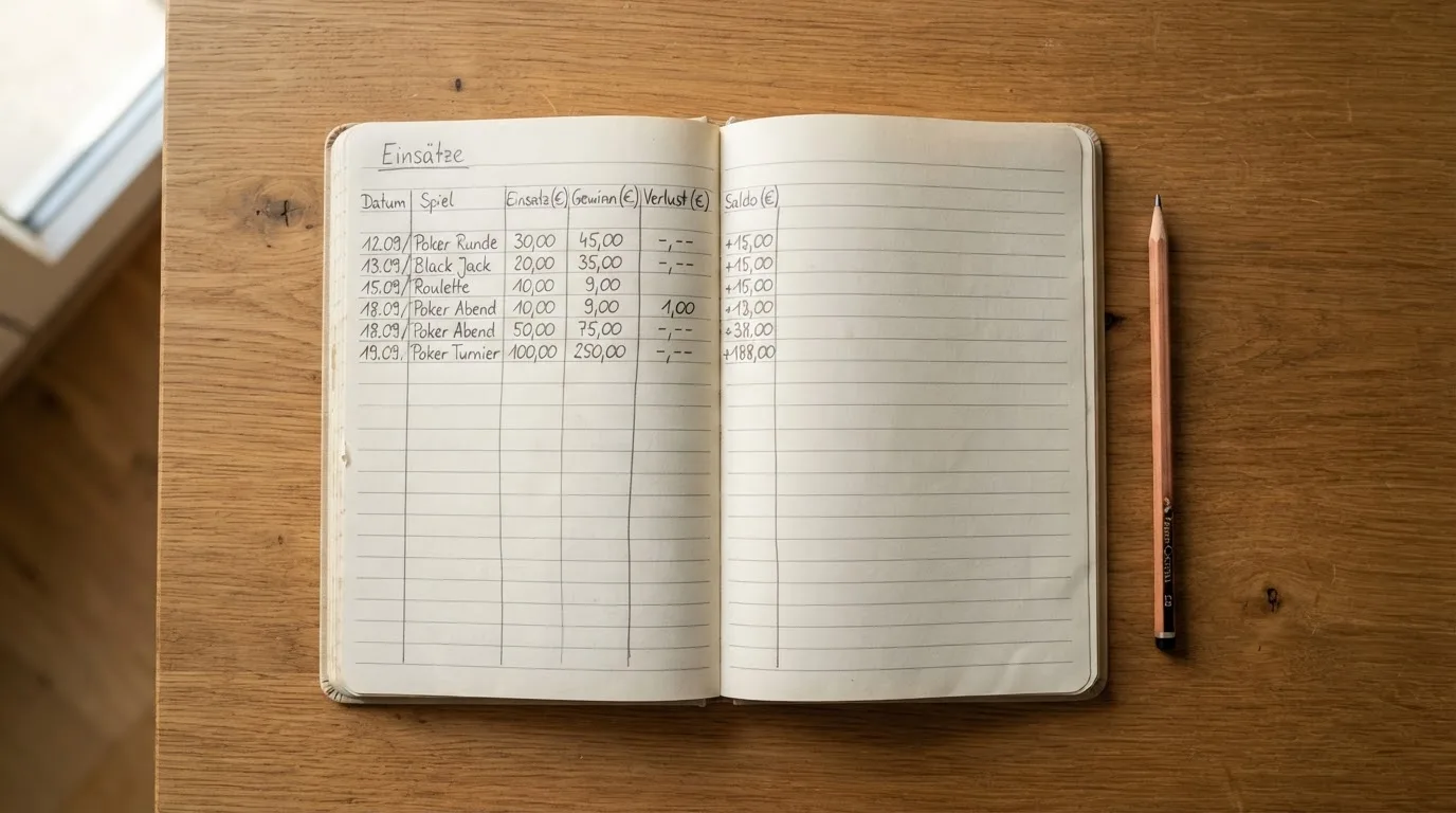 Ein Notizbuch mit handschriftlichen Spalten und einem Bleistift liegt auf einem Schreibtisch neben einem Taschenrechner.