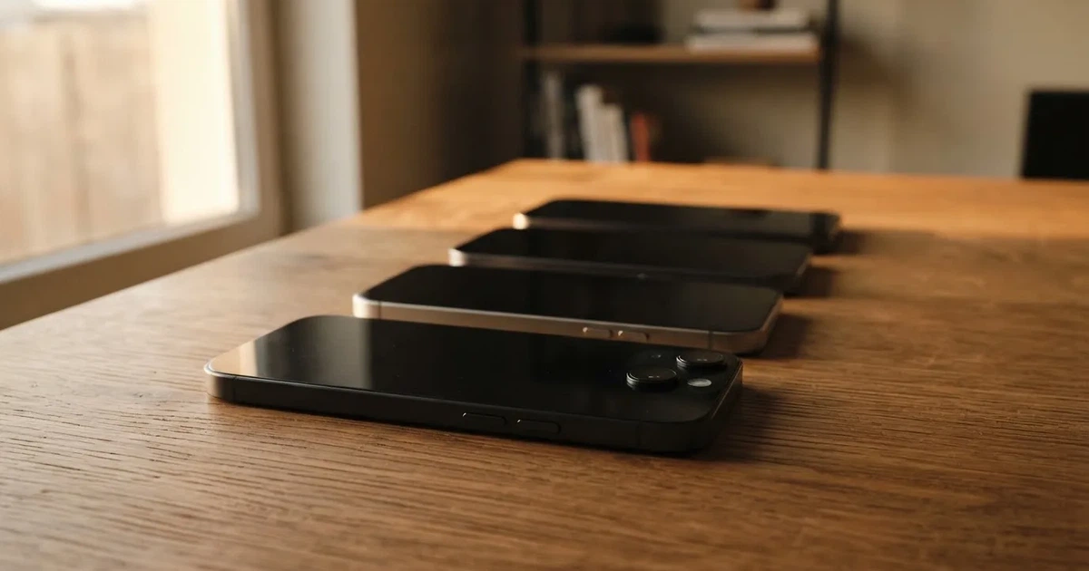 Mehrere Smartphones unterschiedlicher Größe liegen nebeneinander auf einem Holztisch, die Bildschirme sind dunkel.