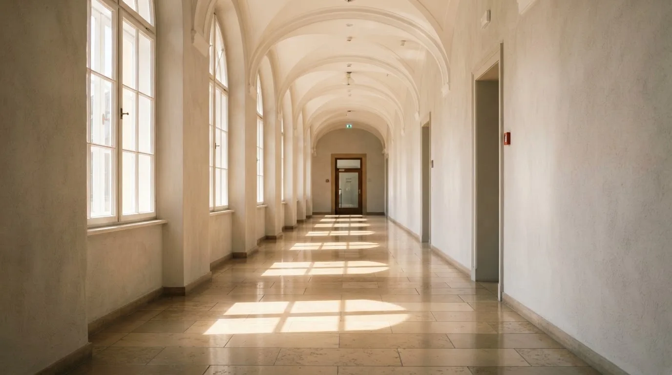 Ein leerer Amtsflur mit hohen Fenstern und glänzendem Steinboden, durch die Fenster fällt das Licht eines Vormittags.