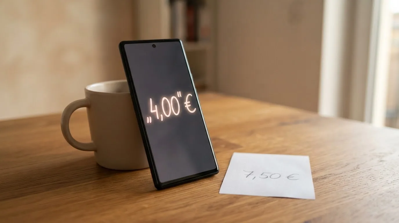 Ein Smartphone mit dunklem Bildschirm lehnt an einer Kaffeetasse auf einem Holztisch, daneben ein blanker Papier-Wettschein.