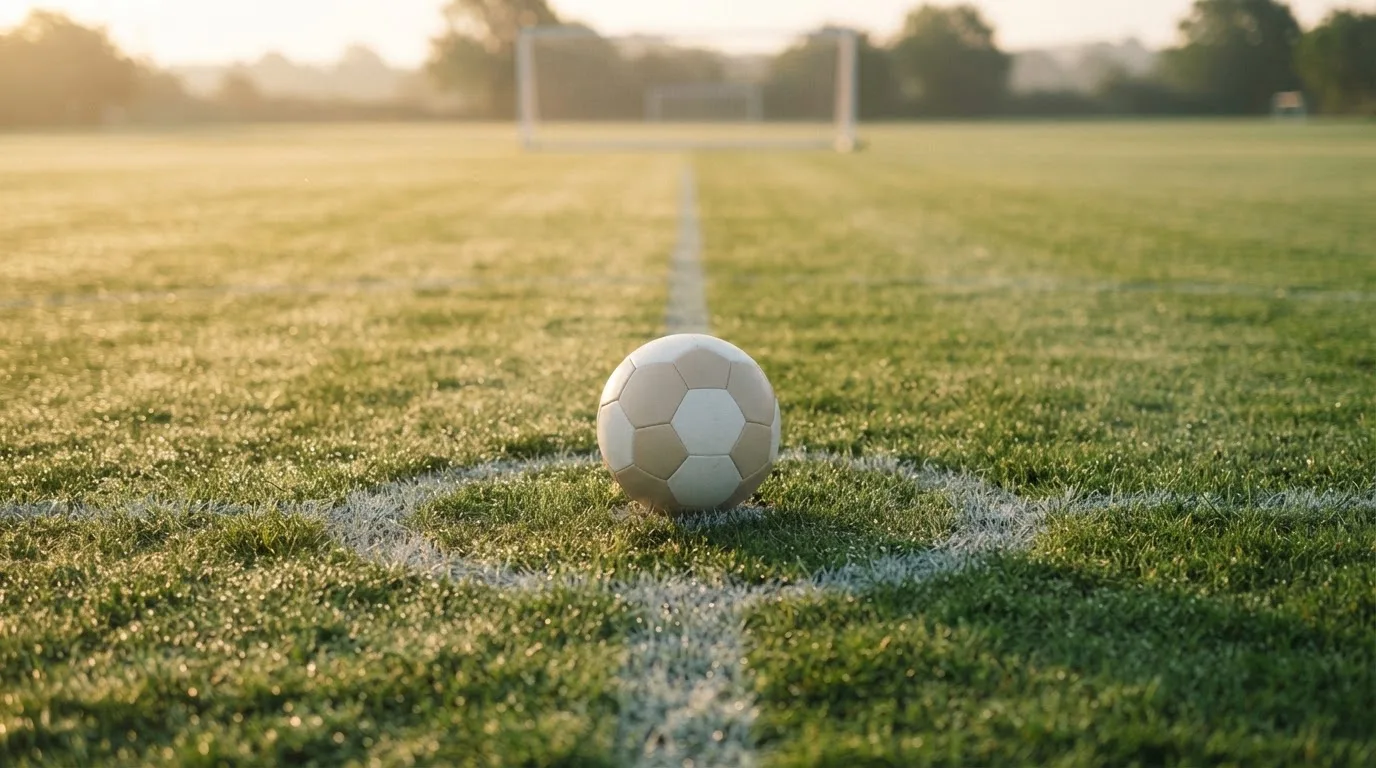 Ein Fußball liegt auf dem Anstoßpunkt eines Rasenplatzes im ersten Morgenlicht, Tau glänzt auf dem Gras.