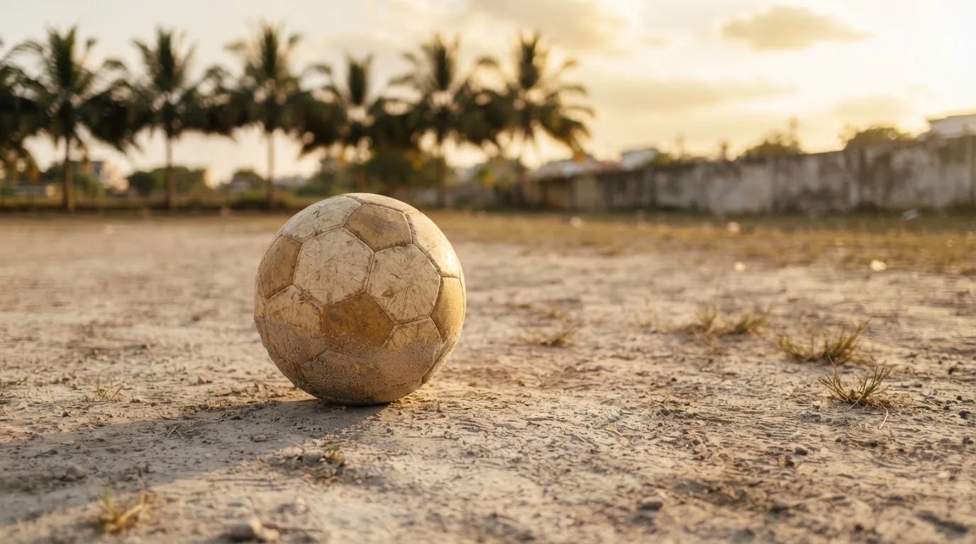 Ein Fußball liegt auf einem staubigen Bolzplatz mit Palmen im Hintergrund in warmem Abendlicht.