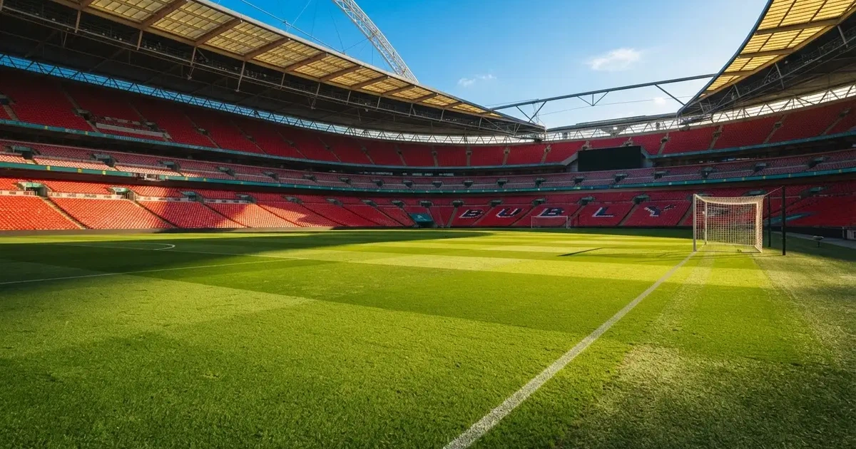 Ein Fußballstadion mit hellen Rängen unter strahlend blauem Himmel, davor ein sonnenbeschienener Rasen mit frisch gemähten Streifen.