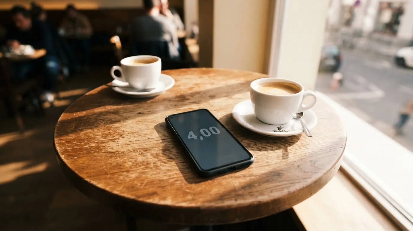 Zwei Kaffeetassen und ein dunkles Smartphone stehen auf einem Café-Tisch am Fenster im Morgenlicht.