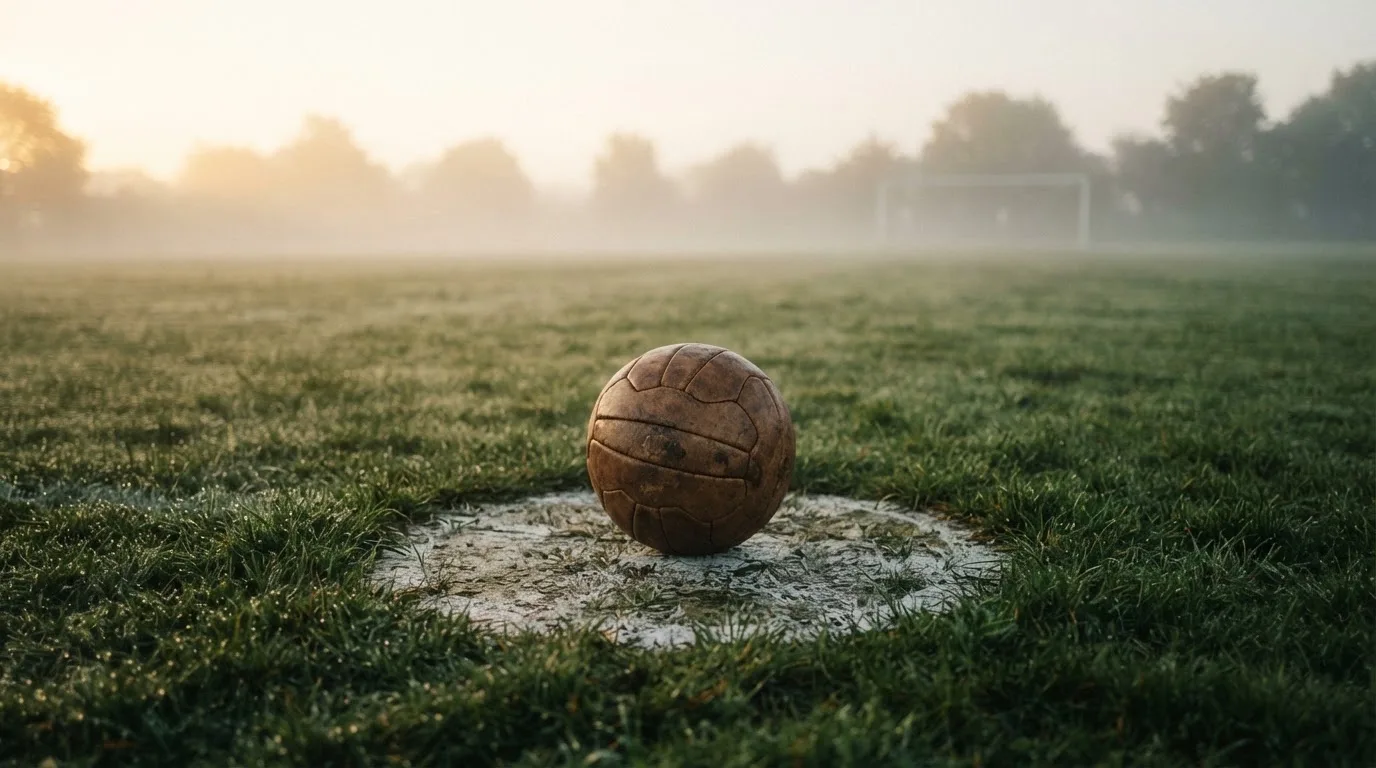 Ein abgewetzter Fußball liegt auf dem Anstoßkreis eines Naturrasens im Morgennebel.