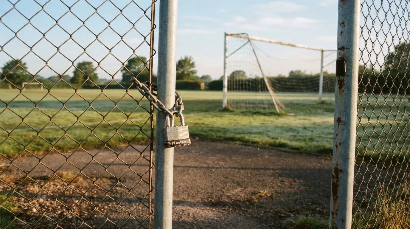 Ein geschlossenes Tor an einem Zaun mit Vorhängeschloss im Morgenlicht, dahinter ein einfacher Sportplatz.