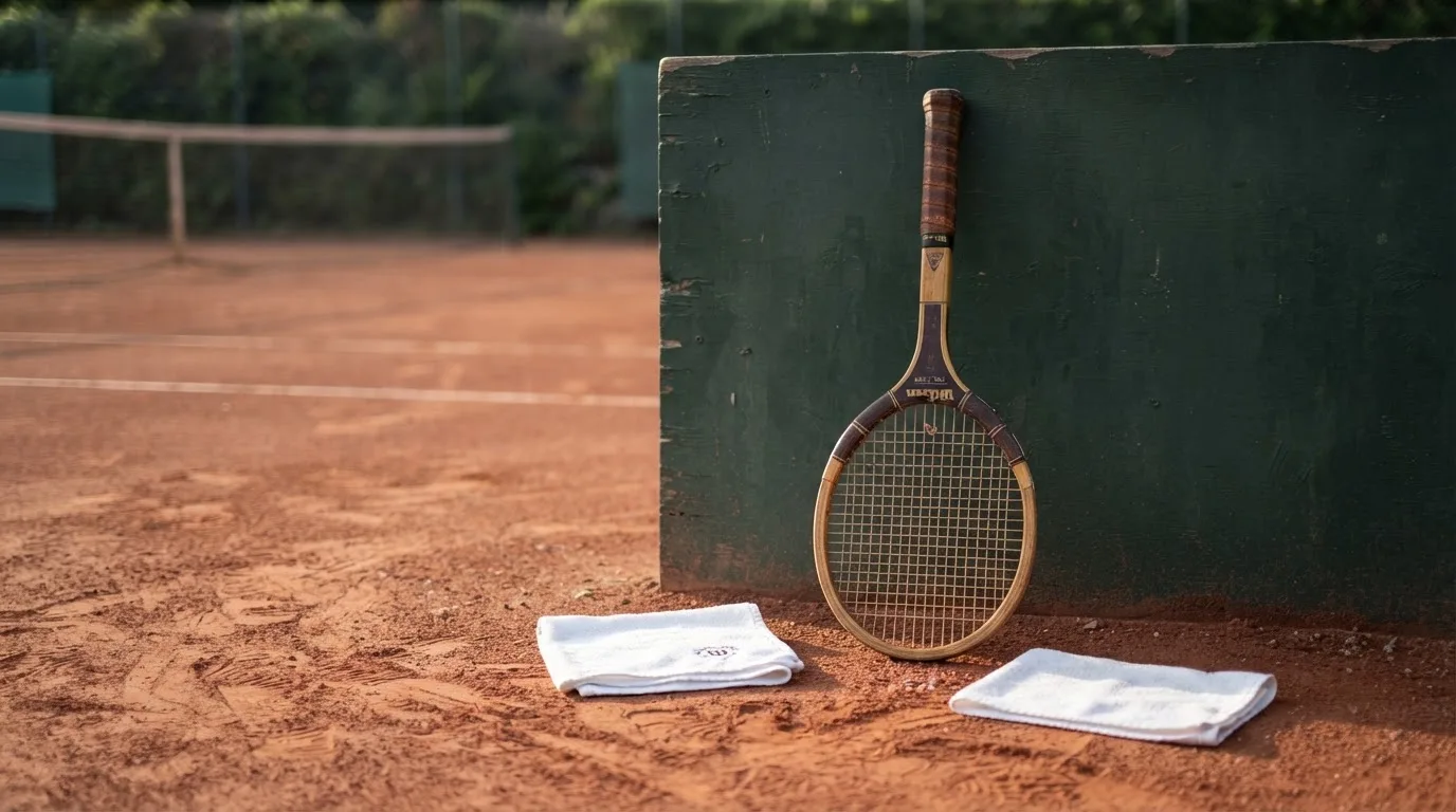 Ein Tennisschläger lehnt an einer dunkelgrünen Bande ohne Aufschrift auf einem Sandplatz, daneben liegt ein Handtuch.
