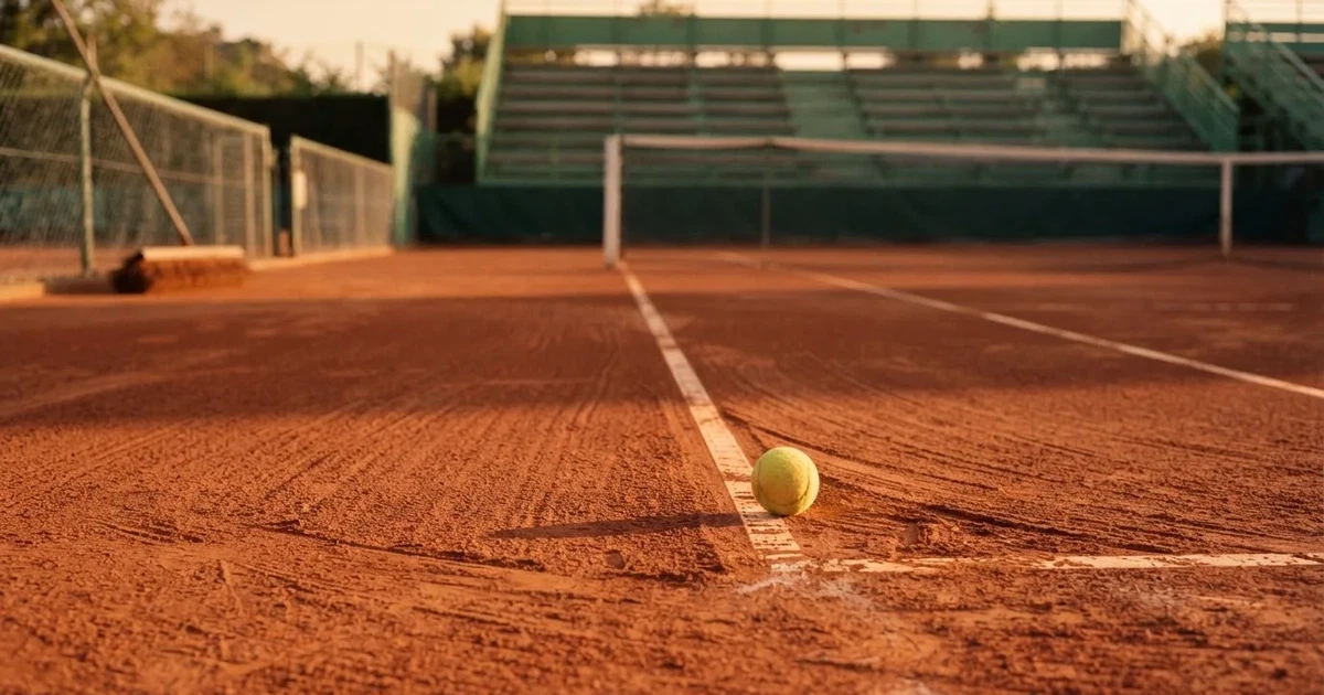 Ein Sandplatz mit rötlichem Belag und gezogenen weißen Linien, ein einzelner Tennisball liegt neben der Linie, im Hintergrund eine leere Tribüne.