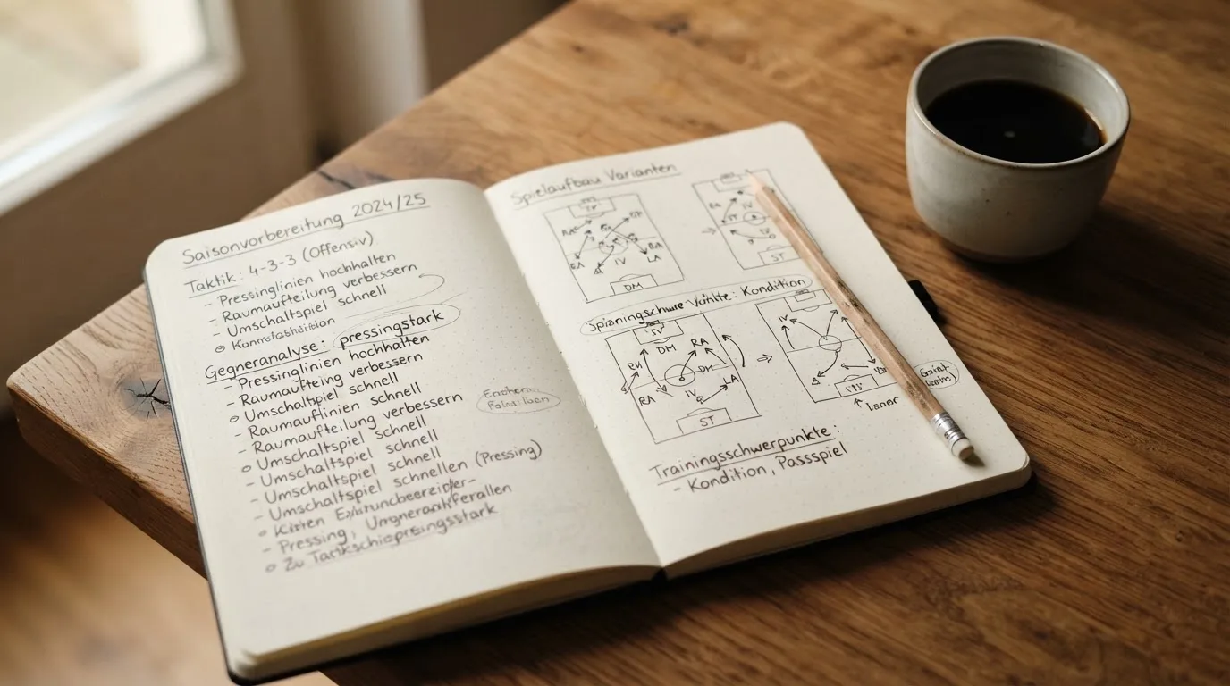 Ein aufgeschlagenes Notizbuch mit handschriftlichen Skizzen liegt neben einem Bleistift auf einem Holztisch, daneben eine Tasse Kaffee.