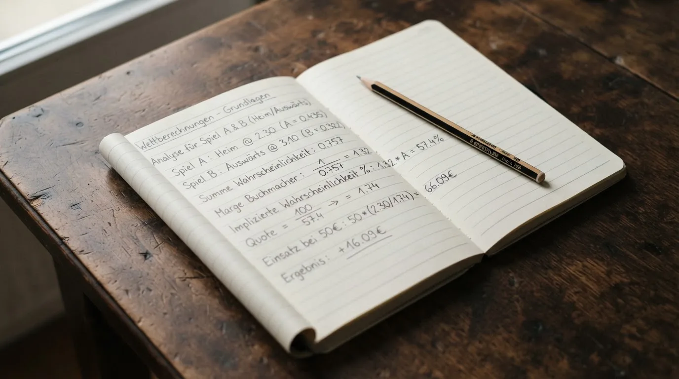 Ein Taschenrechner und ein Bleistift liegen auf einem Schreibtisch neben einem aufgeschlagenen Notizbuch mit handschriftlichen Zahlenreihen.