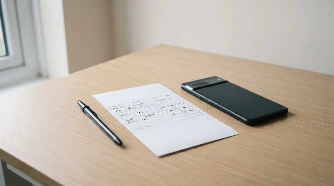 Ein leerer Papier-Wettschein liegt neben einem Smartphone mit dunklem Display auf einer hellen Tischplatte, daneben ein Kugelschreiber.
