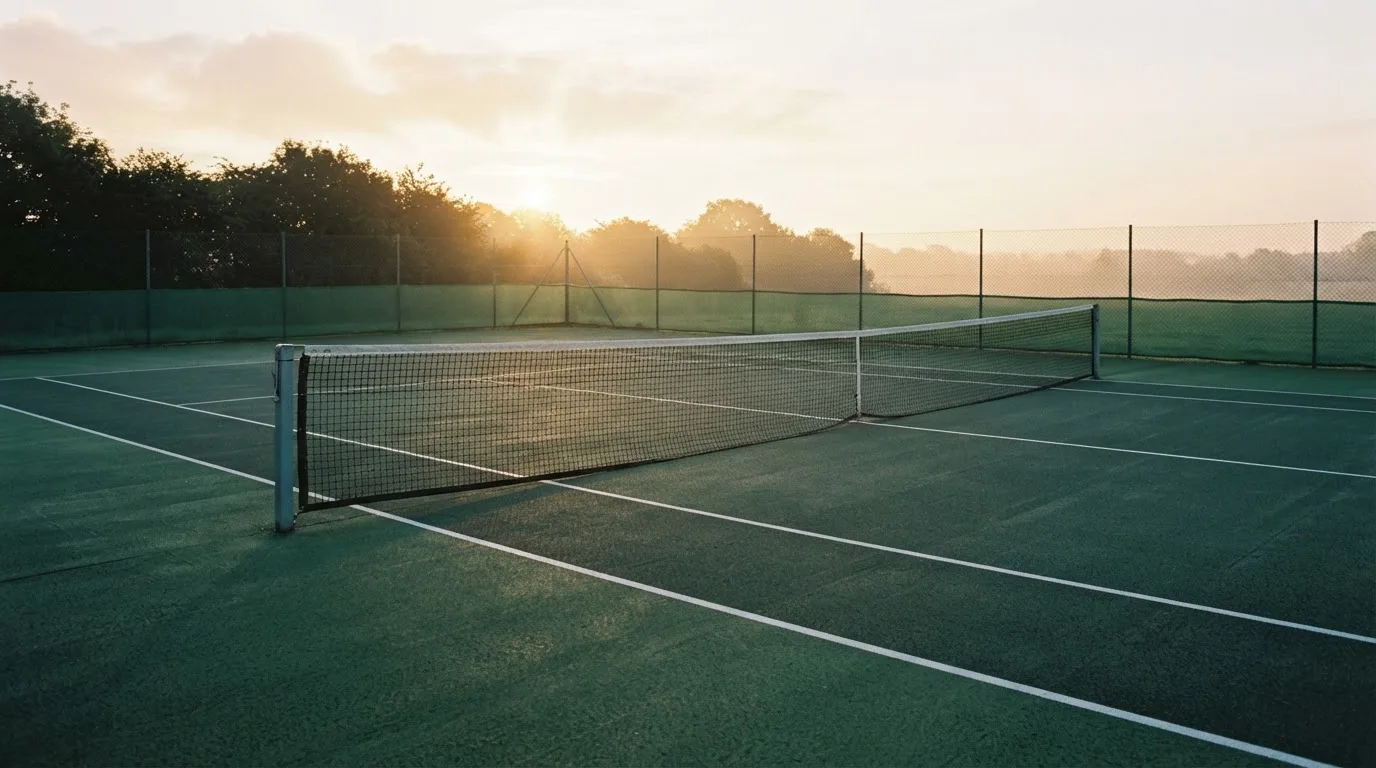 Ein Tennisplatz bei Sonnenaufgang, Netz und Grundlinien im weichen Licht, niemand ist zu sehen.