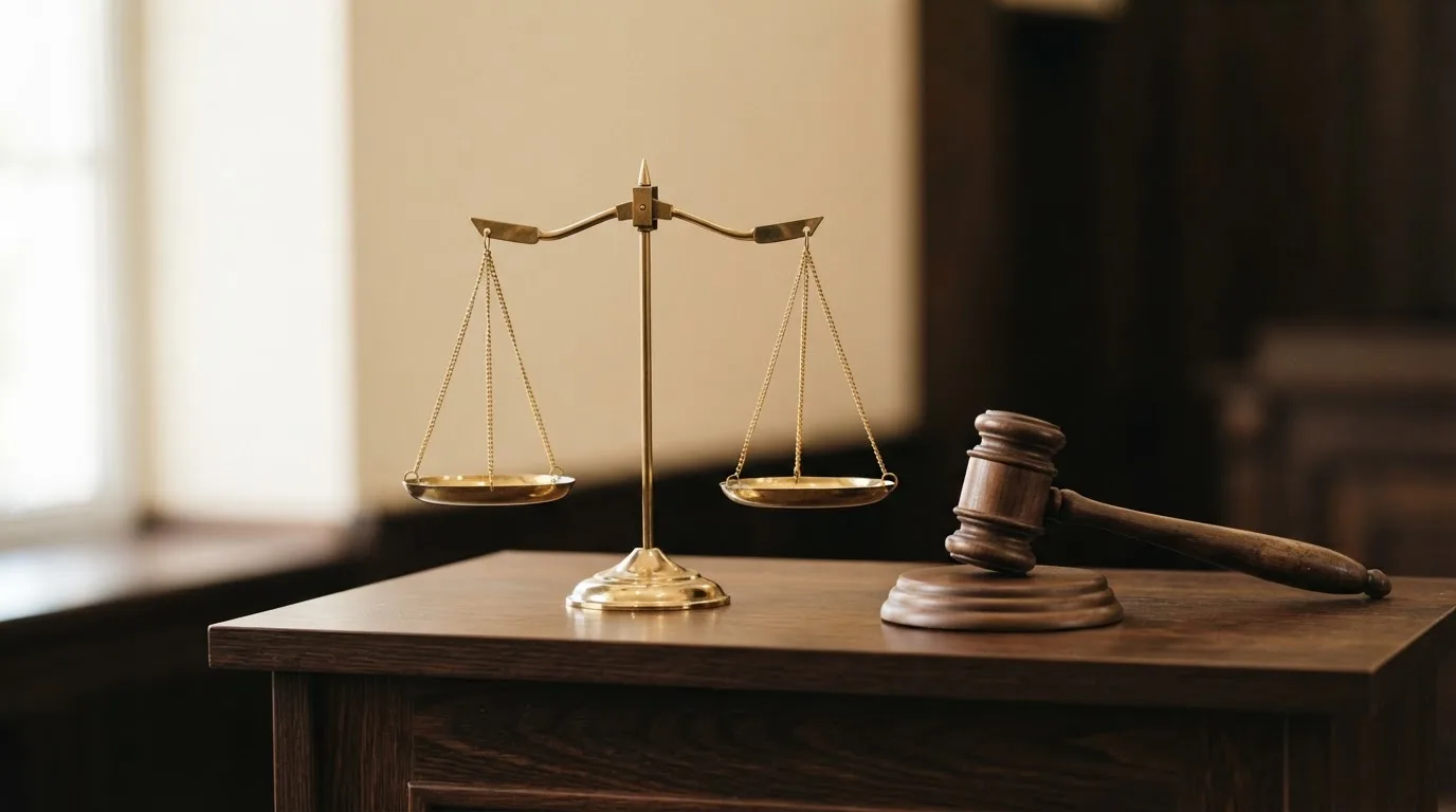 Eine Balkenwaage aus Messing steht im Gleichgewicht auf einem dunklen Pult neben einem hölzernen Richterhammer, dahinter eine unscharfe Wand.