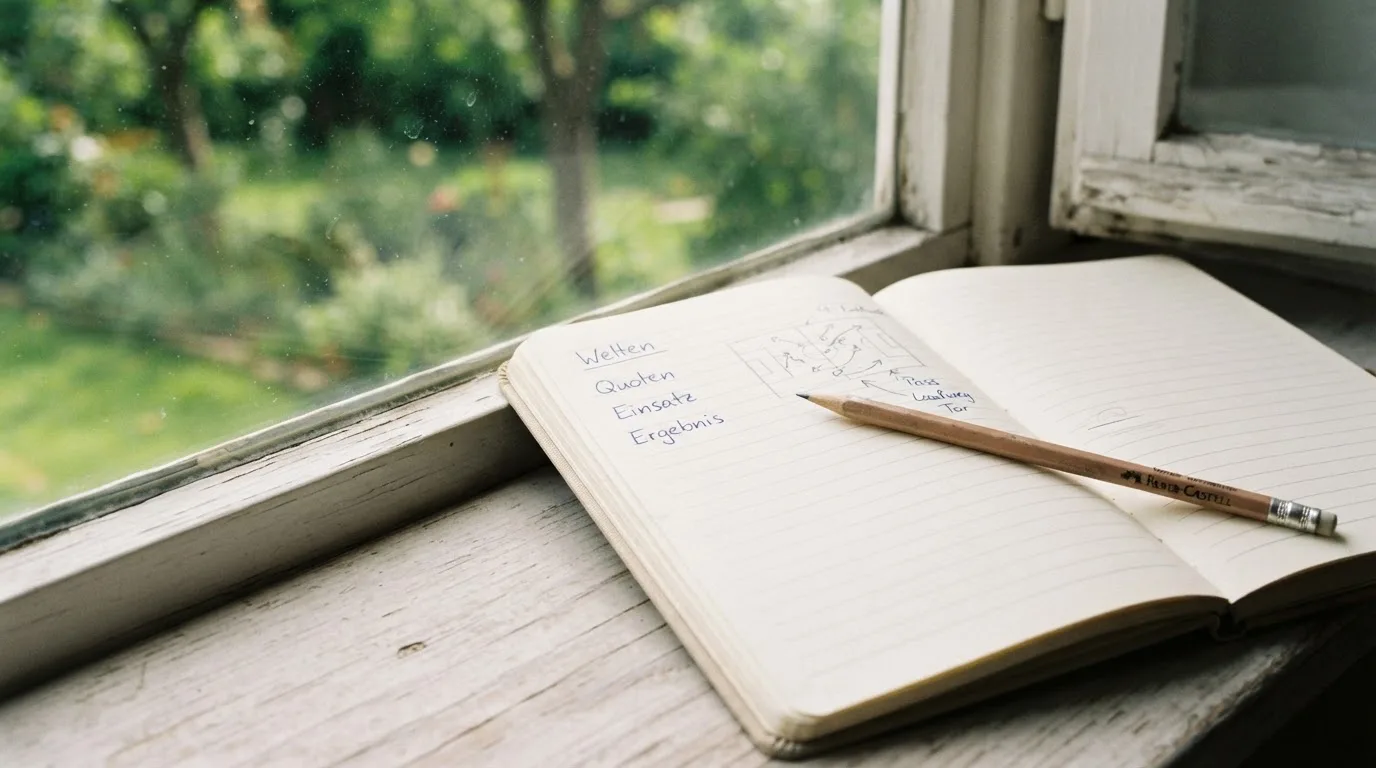 Ein aufgeschlagenes Notizbuch mit handschriftlichen Skizzen und ein Bleistift liegen auf einer Fensterbank im Tageslicht.