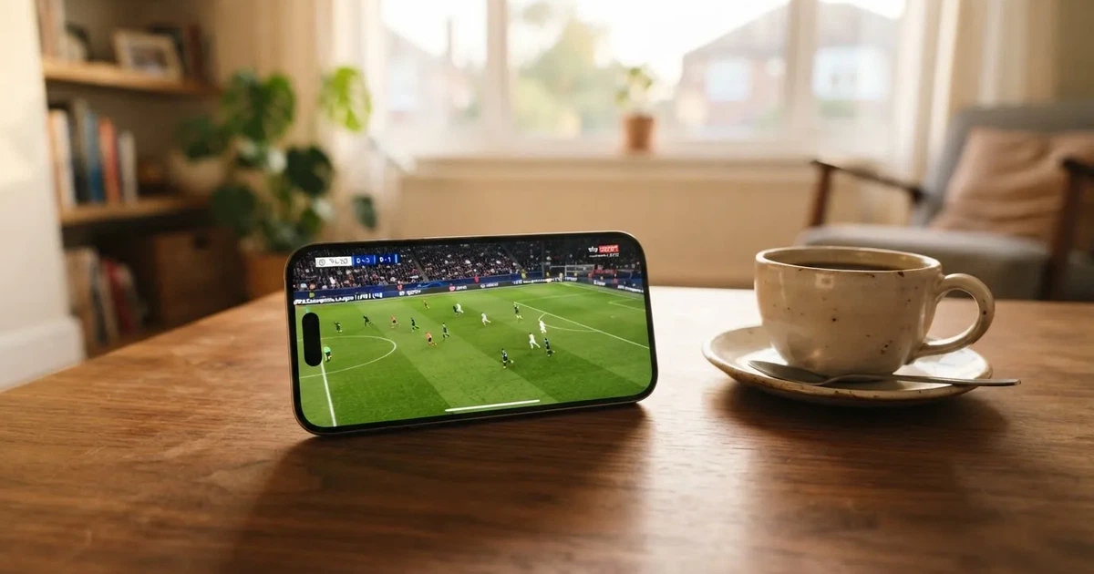 Ein Smartphone mit dunklem Display liegt auf einem Holztisch neben einer Tasse Kaffee, im Hintergrund ein unscharfes Fenster.