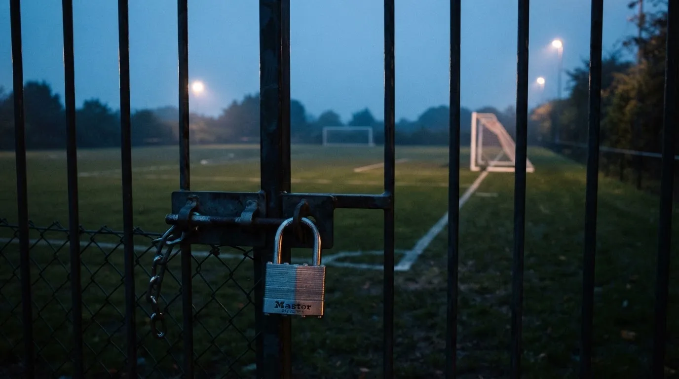 Ein Vorhängeschloss hängt an einem Metalltor, dahinter ein unscharfer Fußballplatz in der Dämmerung.