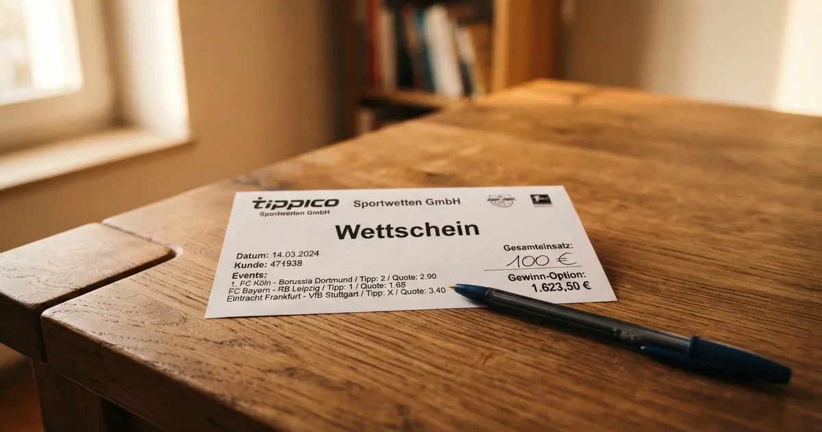 Ein leerer Papier-Wettschein und ein Kugelschreiber liegen auf einem Holztisch, daneben ein kleiner Stapel Münzen im Morgenlicht.