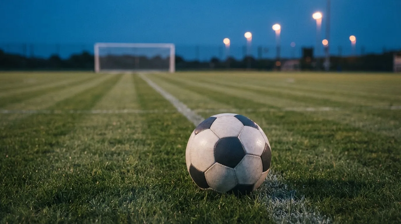 Ein Fußball liegt im Gras eines leeren Platzes, im Hintergrund stehen Flutlichtmasten in der Dämmerung.