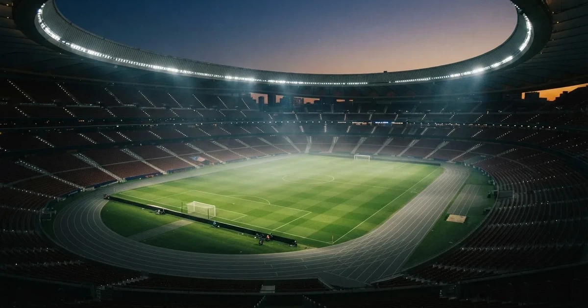 Ein leeres Stadion unter Flutlicht aus großer Entfernung gesehen, Dunst liegt über dem Rasen, die Tribünen sind nur als Lichtpunkte erkennbar.